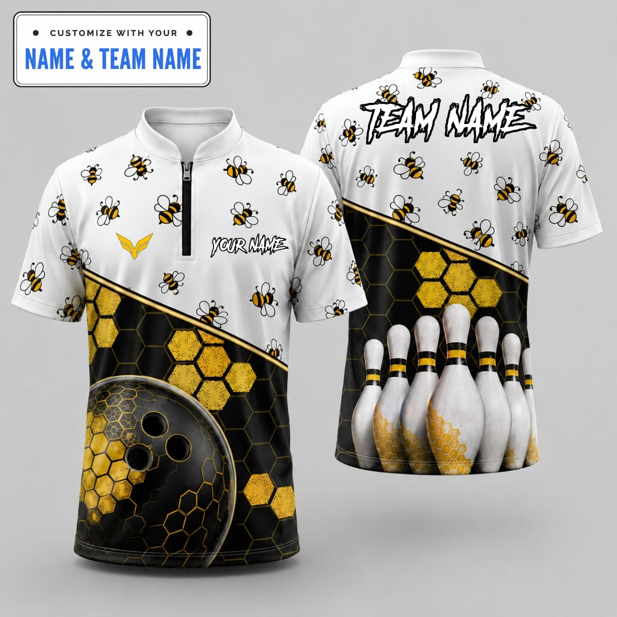Personalized Honeycomb Hexagon Honey Bee Bowling Shirt - Custom Name & Team Name
